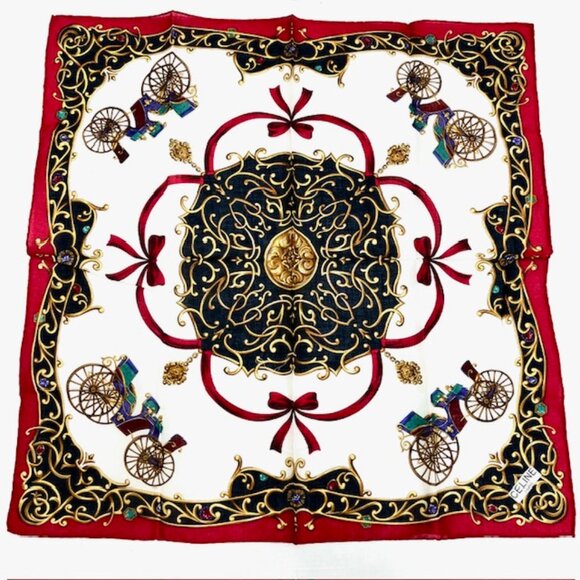 (2) Unused MiniScarfs19" : Celine Paris Red carriage horse +Blooming Floral (40) - Picture 9 of 12